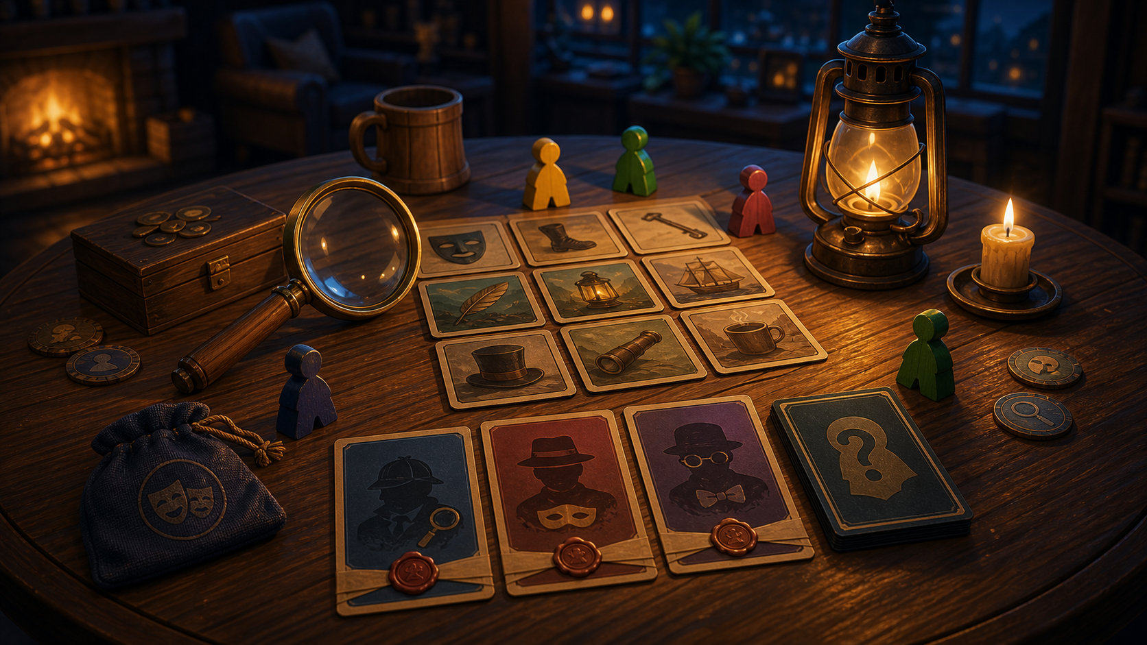 Find the Spy tabletop clue cards with a magnifying glass and lantern light